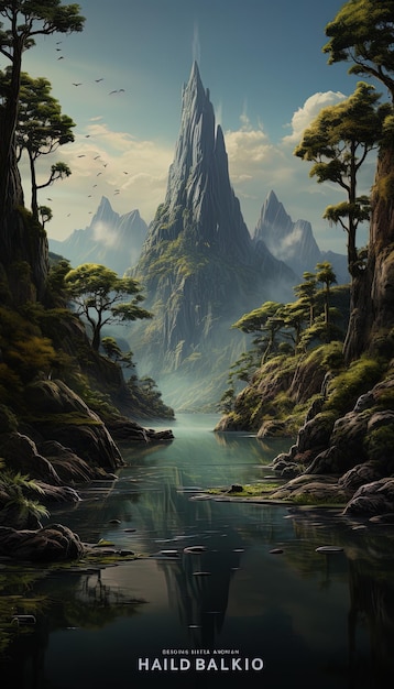 een schilderij van een berg met een rivier en bergen op de achtergrond