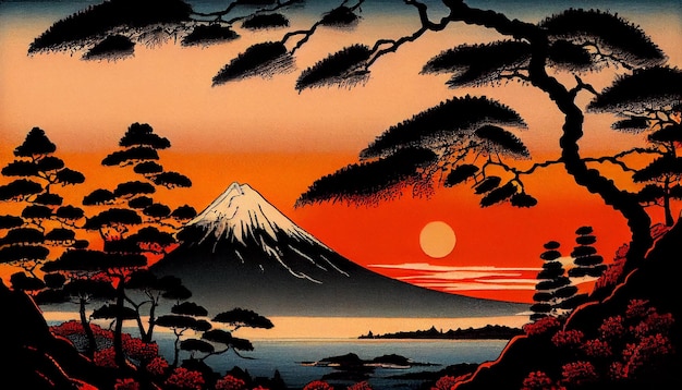 Een schilderij van een berg met een zonsondergang op de achtergrond