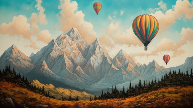 Een schilderij van een berg met heteluchtballonnen generatieve ai