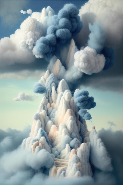 Een schilderij van een berg met wolken en rook