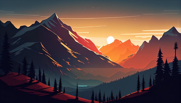 Een schilderij van een bergketen bij zonsondergang generatieve AI