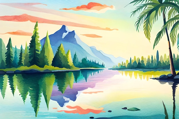 Een schilderij van een berglandschap met bomen en bergen op de achtergrond.