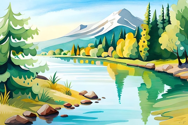 Een schilderij van een berglandschap met bomen en een meer.