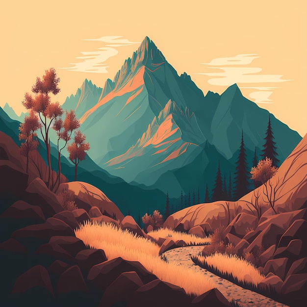 Een schilderij van een berglandschap met een berg op de achtergrond.