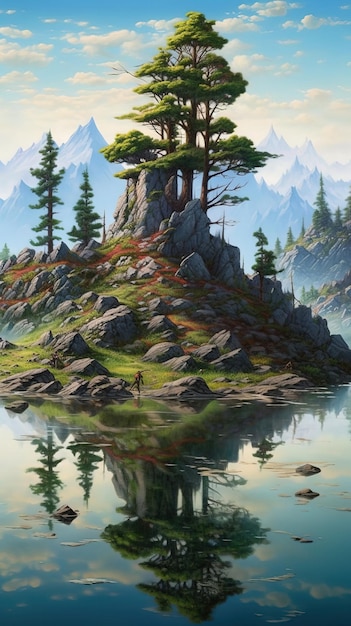 Een schilderij van een berglandschap met een boom erop.