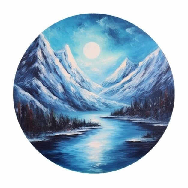 Een schilderij van een berglandschap met een maan aan de hemel.