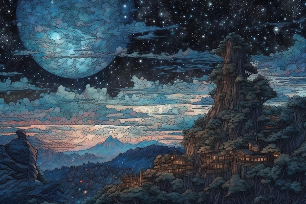 Een schilderij van een berglandschap met een maan en sterren aan de hemel.