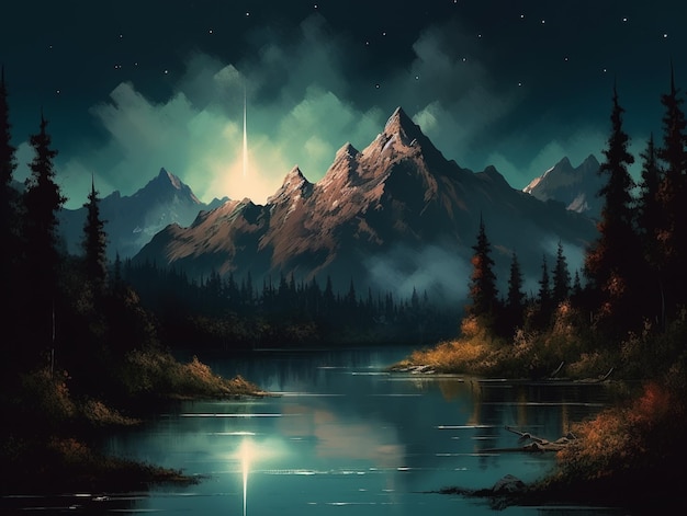 Een schilderij van een berglandschap met een maan en sterren aan de horizon.