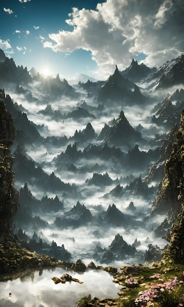 Een schilderij van een berglandschap met een maan erboven