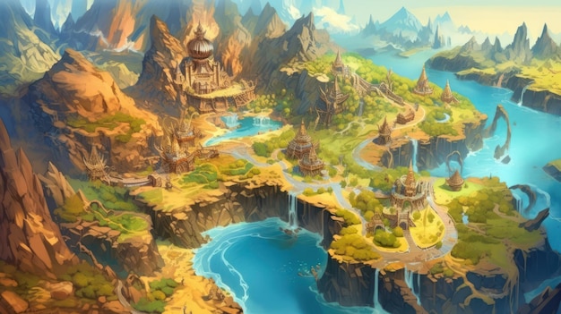 Een schilderij van een berglandschap met een meer en een stad met een brug.