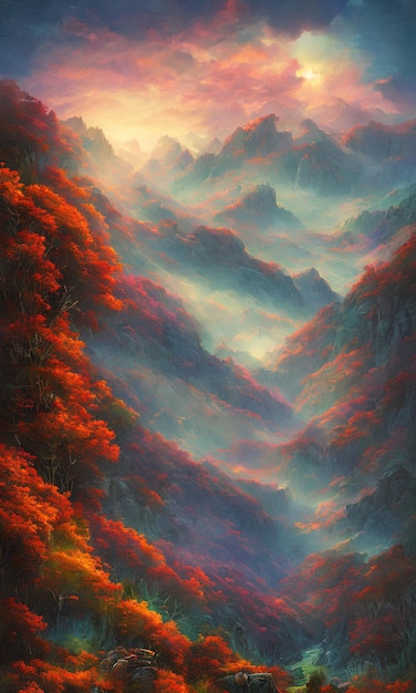 Een schilderij van een berglandschap met een mistig dal op de achtergrond.