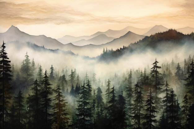 Een schilderij van een berglandschap met een mistige lucht.