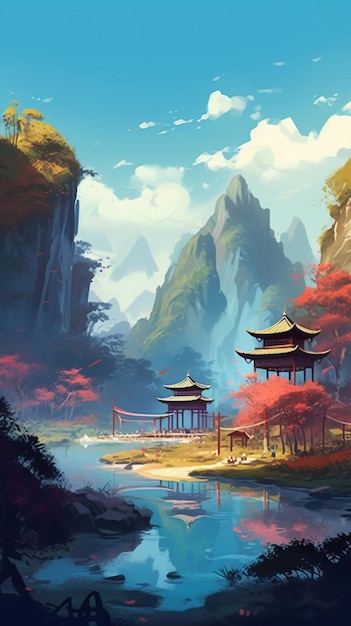 Een schilderij van een berglandschap met een tafereel in Chinese stijl.