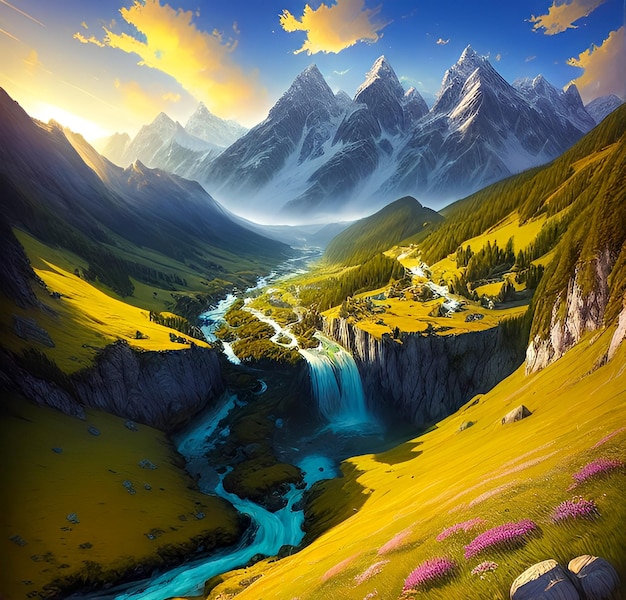 Een schilderij van een berglandschap met een waterval en een rivier.