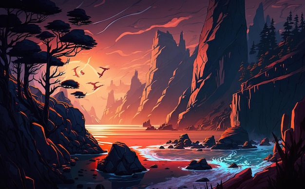 Een schilderij van een berglandschap met een zonsondergang en een boom, stromende achtergrond