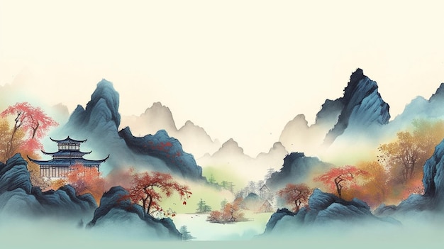 Een schilderij van een berglandschap met links een draak.