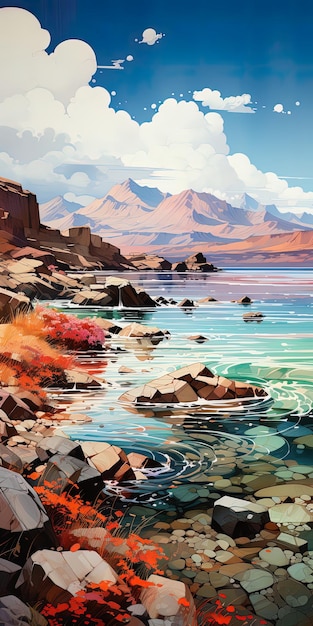 Een schilderij van een bergmeer met bergen op de achtergrond.