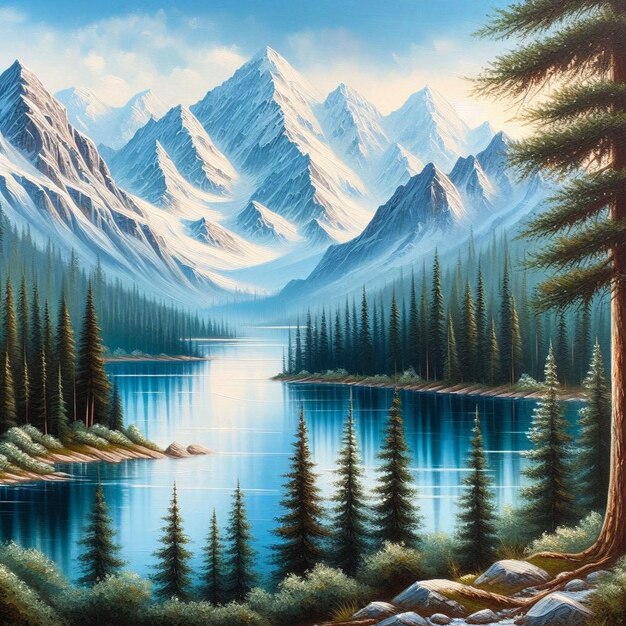 Een schilderij van een bergmeer met een berg op de achtergrond