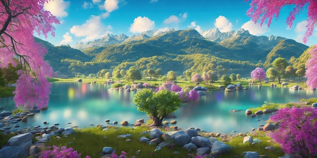 Een schilderij van een bergmeer met een boom op de voorgrond