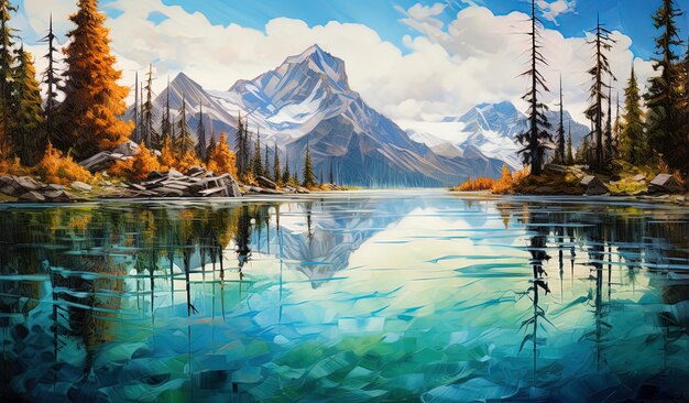 een schilderij van een bergmeer met een meer en bomen op de achtergrond