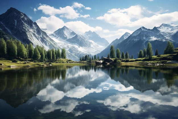 Een schilderij van een bergmeer met een weerspiegeling van een berg en bomen.