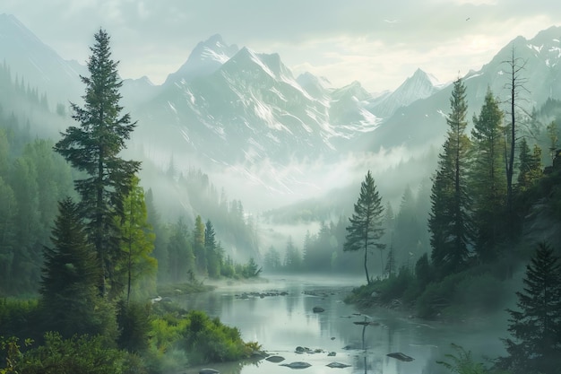 Een schilderij van een bergmeer omringd door bomen bos