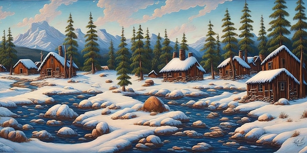 Een schilderij van een besneeuwd tafereel met een hut op de achtergrond en een besneeuwde berg op de achtergrond.