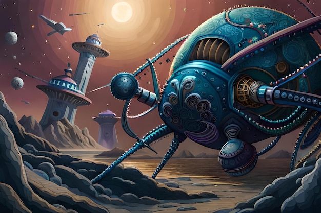 Een schilderij van een blauw buitenaards ruimteschip met een ruimteschip op de achtergrond.