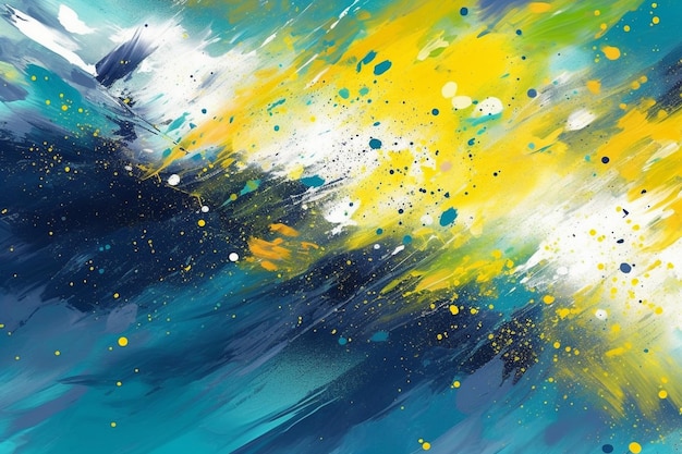 Een schilderij van een blauw en geel schilderij met het woord " erop. "