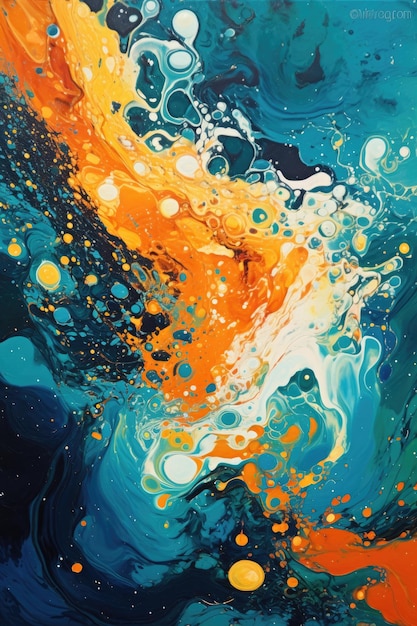 Een schilderij van een blauw en oranje schilderij met de woorden "blauw" erop.