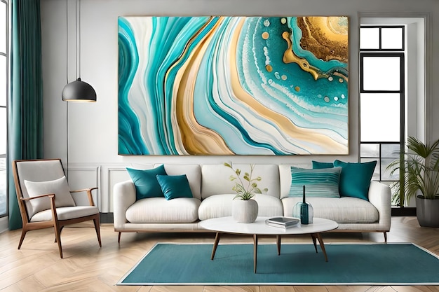 een schilderij van een blauw-geel-witte bank in een woonkamer met een blauwe bank en een salontafel