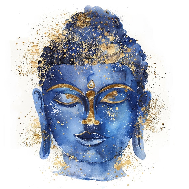 Een schilderij van een blauw gezicht met gouden accenten en een gouden cirkel in het midden Het schilderij is van een Boeddha standbeeld