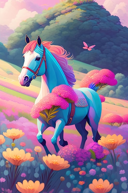 Een schilderij van een blauw paard met roze manen en roze staart.