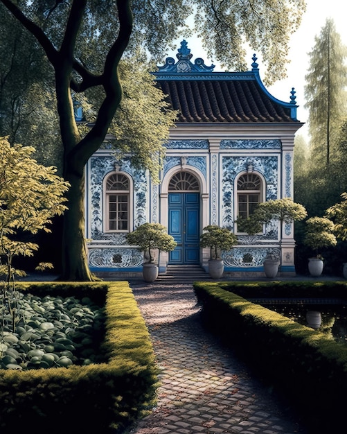 Een schilderij van een blauw-wit huis met een tuin in het midden.