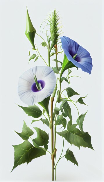 Een schilderij van een blauw-witte bloem met het woord "sweet pea" erop.