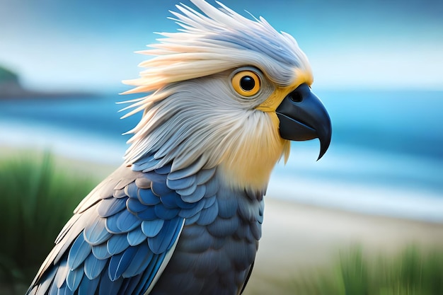 Een schilderij van een blauw-witte papegaai met een blauwe achtergrond.