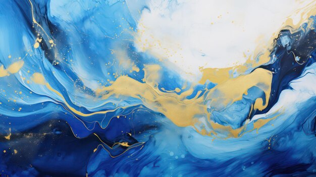 een schilderij van een blauwe en gele abstracte waterverf