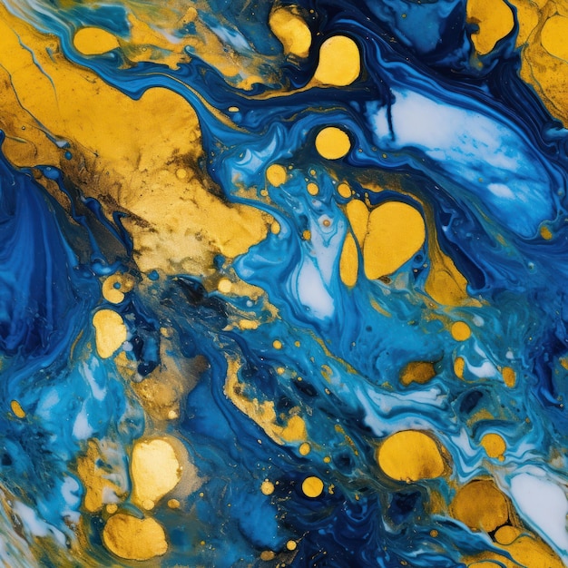 Een schilderij van een blauwe en gele vloeistof met de woorden "blauw" erop.