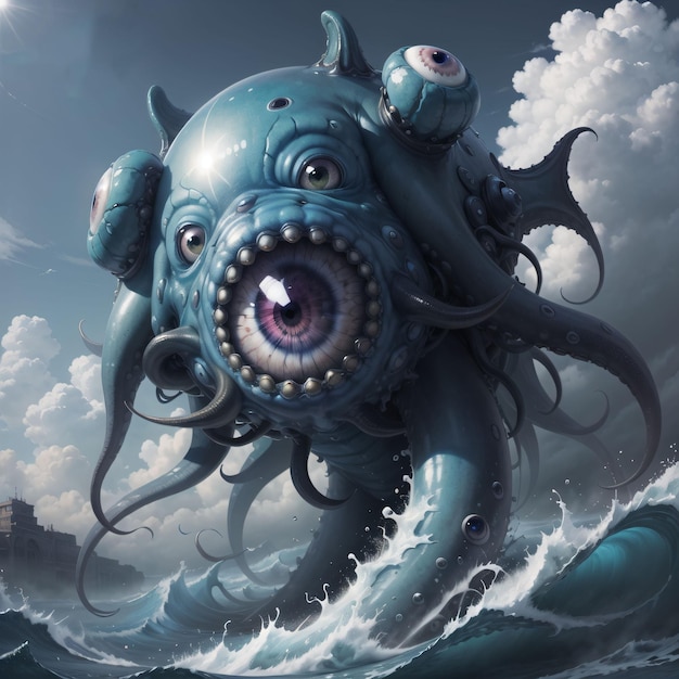 Een schilderij van een blauwe octopus met een groot oog en een groot paars oog.