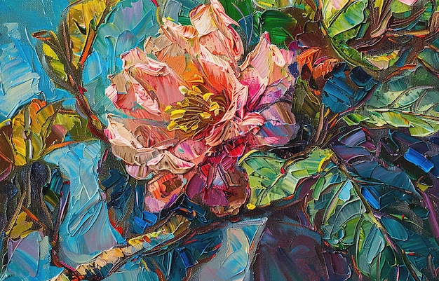 een schilderij van een bloem met een paar bladeren