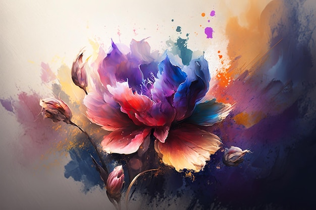 Een schilderij van een bloem met een paarse achtergrond