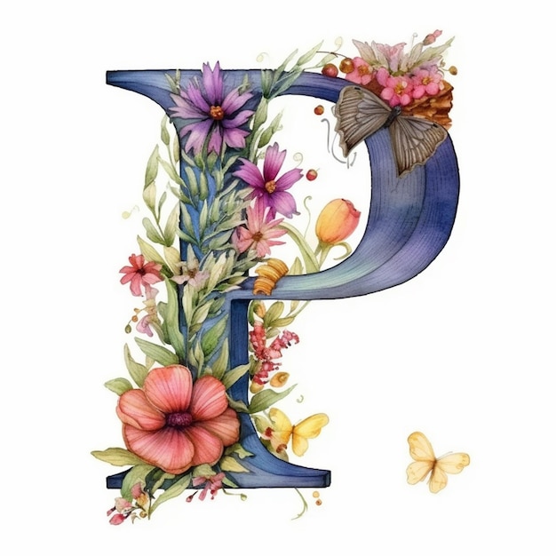 een schilderij van een bloemenletter e met vlinders en bloemen generatieve ai