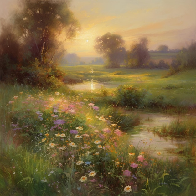 Foto een schilderij van een bloemenveld aan de rivier