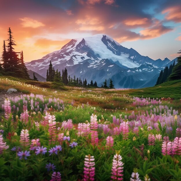 Een schilderij van een bloemenveld met een berg op de achtergrond.