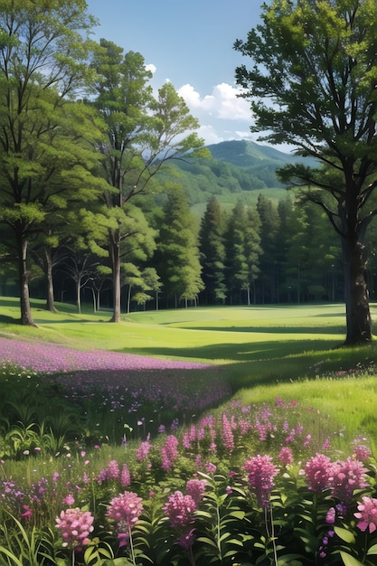Een schilderij van een bloemenveld met een berg op de achtergrond.