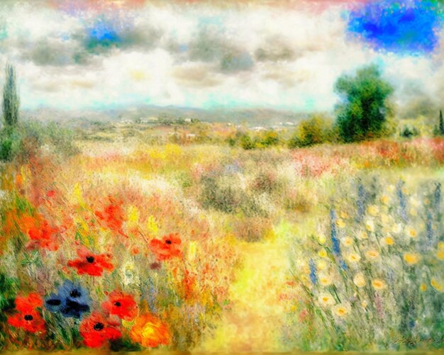 Foto een schilderij van een bloemenveld met een bewolkte lucht op de achtergrond.