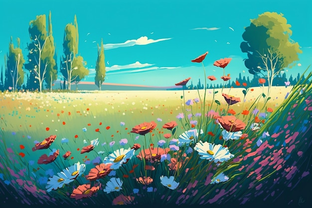 Foto een schilderij van een bloemenveld met een blauwe lucht en bomen op de achtergrond.