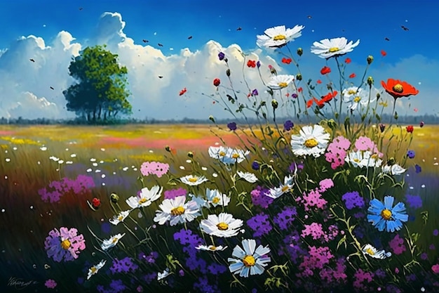 Een schilderij van een bloemenveld met een boom op de achtergrond.