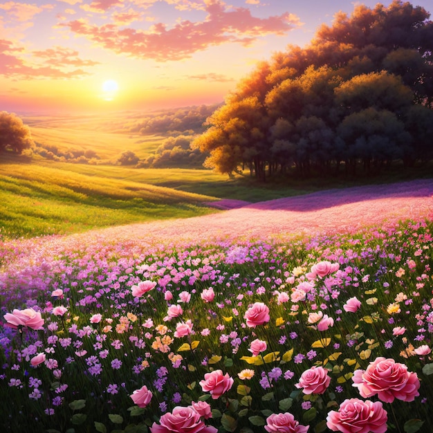 Een schilderij van een bloemenveld met een zonsondergang op de achtergrond.