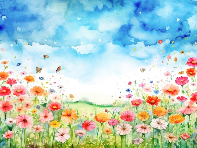 Een schilderij van een bloemenveld waar vlinders omheen vliegen.